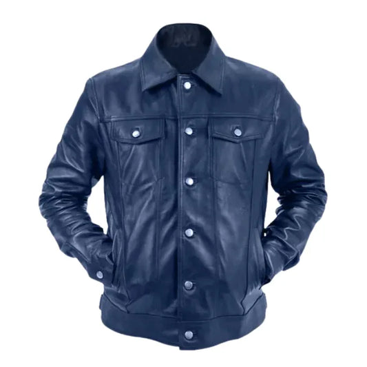 Men Blue Genuine Leather Trucker Jacket
