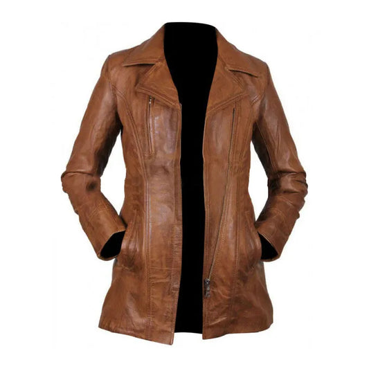 Women Brown Long Leather Trench Jacket