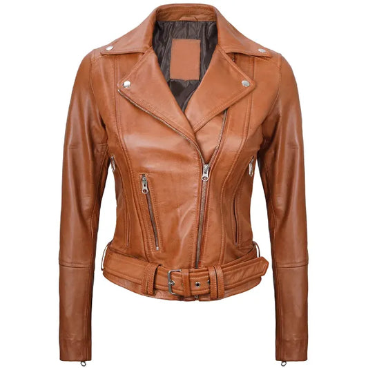 Women Light Brown Leather Biker Jacket