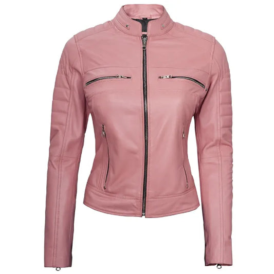 Women Pink Cafe Racer Leather Jacket