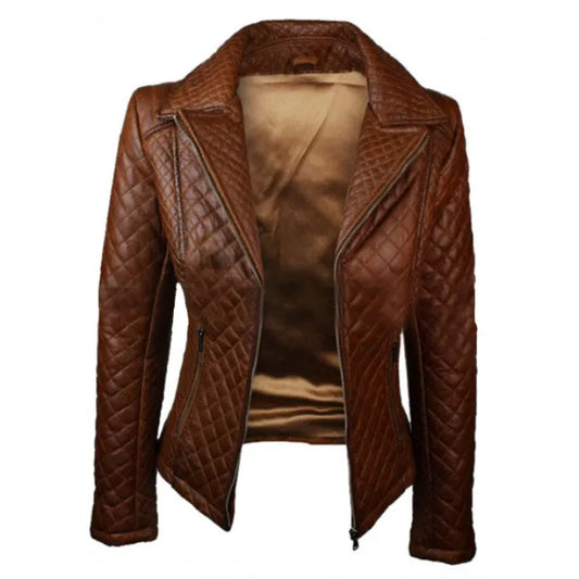Women Quilted Brown Leather Jacket